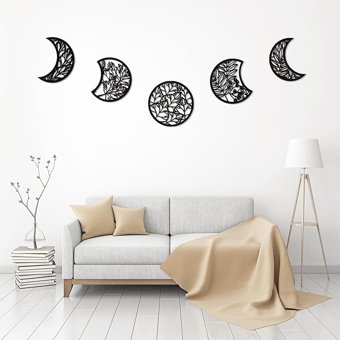 Jetec 5 Pcs Moon Phase Wall Art Decor Wall Pediments Hanging Wooden Moon Phase Spiritual Bedroom Nordic Boho Lunar Aesthetic Art for Living Room Dorm Apartment Bar Ornament(Dark Black,15.75 Inch)