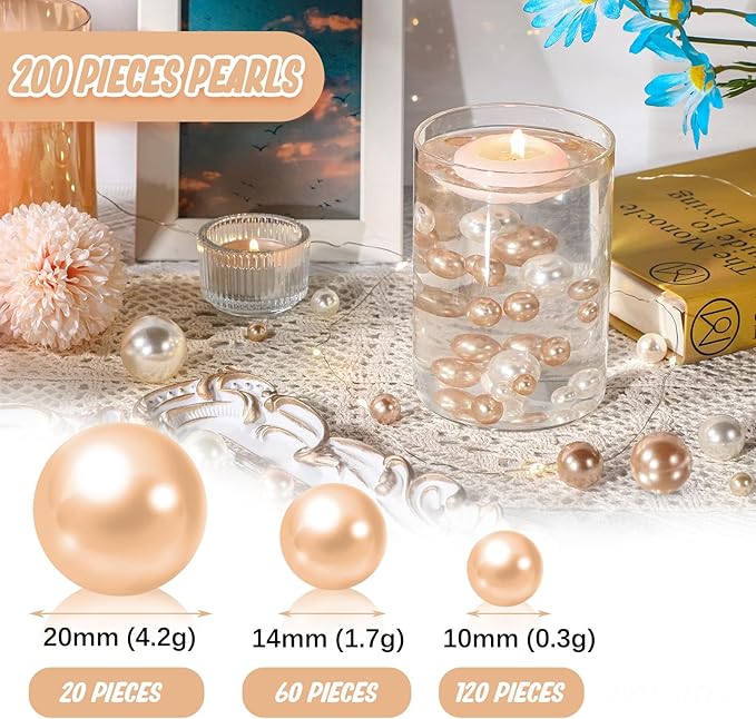 200 PCS Champagne Vase Fillers, Pearls Bead for Centerpieces Vases, 10/14/20 MM No Hole Beads, Fake Pearls for Wedding Birthday Anniversary Theme Party Table Centerpieces Decor