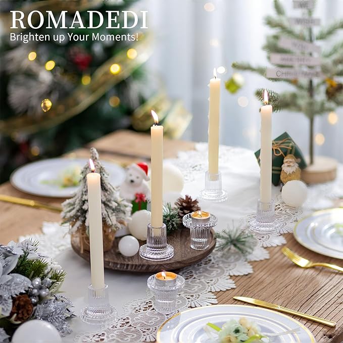 Romadedi Glass Candle Holder for Candlestick - 2Pcs Clear Tapered Wedding Decor Table Centerpiece for Candle Sticks Christmas Party Living Room Dinner Advent Decoration