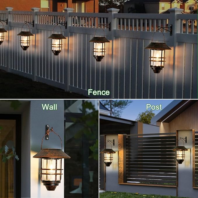 Solar Lantern Outdoor, Hanging Waterproof Solar Lights with Wall Mount Kit for Garden Porch Fence 2 Pack,Bronze