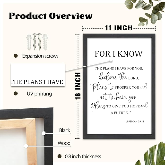 FZMHASLWW For I Know The Plans I Have for You Wall Decor 16"×11" Jeremiah 29 11 Sign Large Wood Framed Wall Hanging Art (Black)