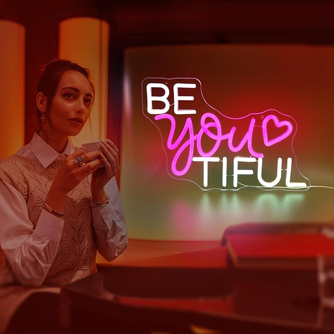 Be You Tiful Neon Sign, JGHTURIE Pink Led Neon Signs for Wall Decor Light Up Sign Preppy Girls Room Salon Party Gift Decor USB Powered
