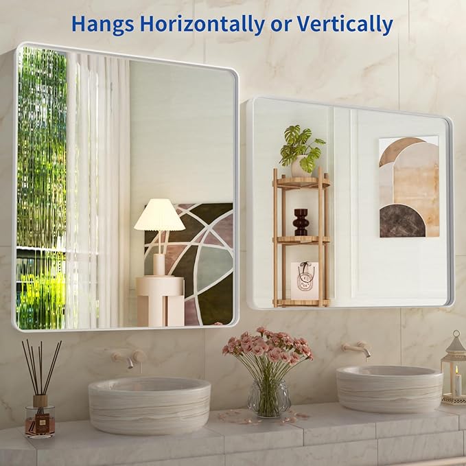 WEER White Bathroom Mirror 36X30 Inch, Rounded Rectangle White Metal Frame Mirror, Matte White Bathroom Vanity Mirror with Tempered Glass, Anti-Rust, Hangs Horizontally or Vertically