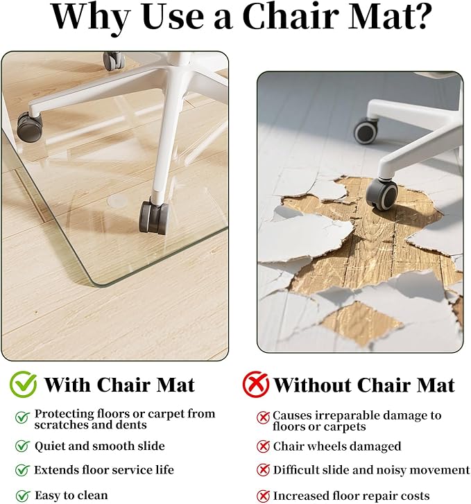 Glass Chair Mat 48" x 72" Heavy Duty Tempered Glass Mat,Office Glass Floor Mat with Round Corner and Polished Edge for Smooth Glide, Carpet Hardwood Floor Protector