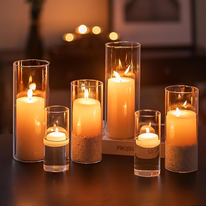 Glasseam Hurricane Glass Candle Holders: Set of 6 Cylinder Candle Holders for Table Centerpiece Modern Glass Vases for Centerpieces Large Clear Flower Vase Decorative for Wedding