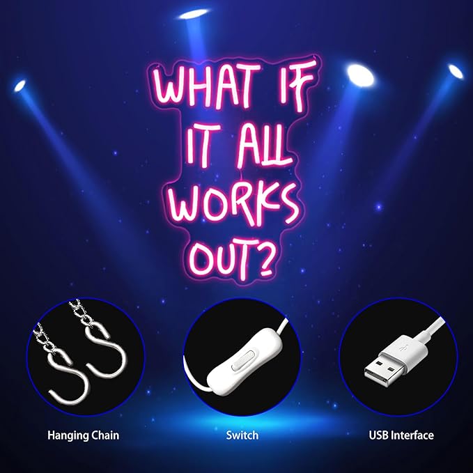 What If It All Works Out Neon Sign, Neon Signs for Wall Decor Neon Pink LED Signs Room Neon Light Up Signs Home Decor for Bedroom Club Party Bar Shop USB Operated