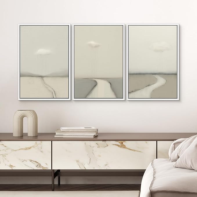 SIGNWIN Framed Canvas Print Wall Art Minimalist Rain Cloud Abstract Neutral Landscape Photography Modern Art Minimalist Black and White for Living Room, Bedroom, Office - 24"x36"x3 White