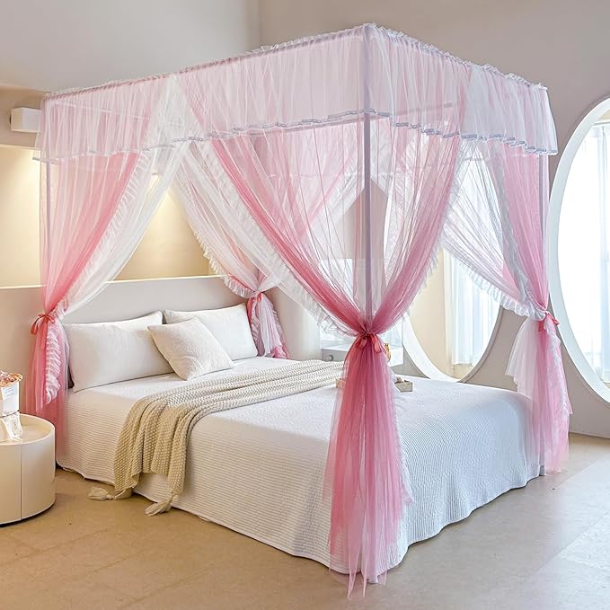 AIKASY 4 Corners Post Ruffle Princess Bed Canopy Curtain - Double Layer Cozy Drape Netting with 4 Openings - Elegant Mosquito Net for Girls and Adults Bedroom Decoration (Pink, Twin)