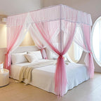 AIKASY 4 Corners Post Ruffle Princess Bed Canopy Curtain - Double Layer Cozy Drape Netting with 4 Openings - Elegant Mosquito Net for Girls and Adults Bedroom Decoration (Pink,Full)