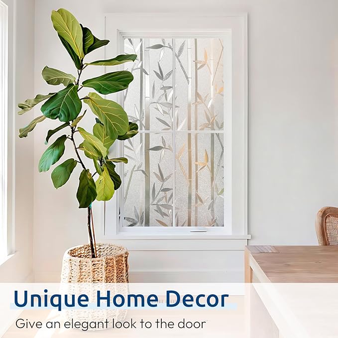 rabbitgoo Window Privacy Film Frosted Bamboo Pattern, Removable UV Blocking Stained Glass Decals Covering Decorative Window Cling for Home, 17.5 in X 13.1 Feet, Regular