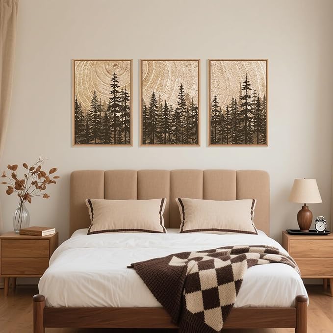 Pine Tree Framed Canvas Wall Art Set, Natural Woodland Landscape Wall Decor, Large Retro Forest Painting, Vintage Brown Artwork for Living Room, Bedroom, Kitchen, Study, Office - 16"x24"x3