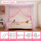 Full Size Bed Canopy with Lights, Bed Canopy for Girls Princess with Luminous Stars, Canopy Bed Curtains for Full Bed Kids Indoor Decor Bedroom, 4 Corner Post Bunk Bed for Student Dormitory, Blue&Pink