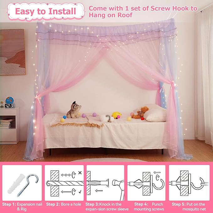 Full Size Bed Canopy with Lights, Bed Canopy for Girls Princess with Luminous Stars, Canopy Bed Curtains for Full Bed Kids Indoor Decor Bedroom, 4 Corner Post Bunk Bed for Student Dormitory, Blue&Pink