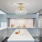 WUZUPS Chandelier Rustic Farmhouse Industrial Round Semi-flushmount Ceiling LED Light Fixture with Clear Glass Shades for Bathroom Kitchen Foyer Entryway, H 11.8" x W 13.4", E26 Base, Brushed Gold