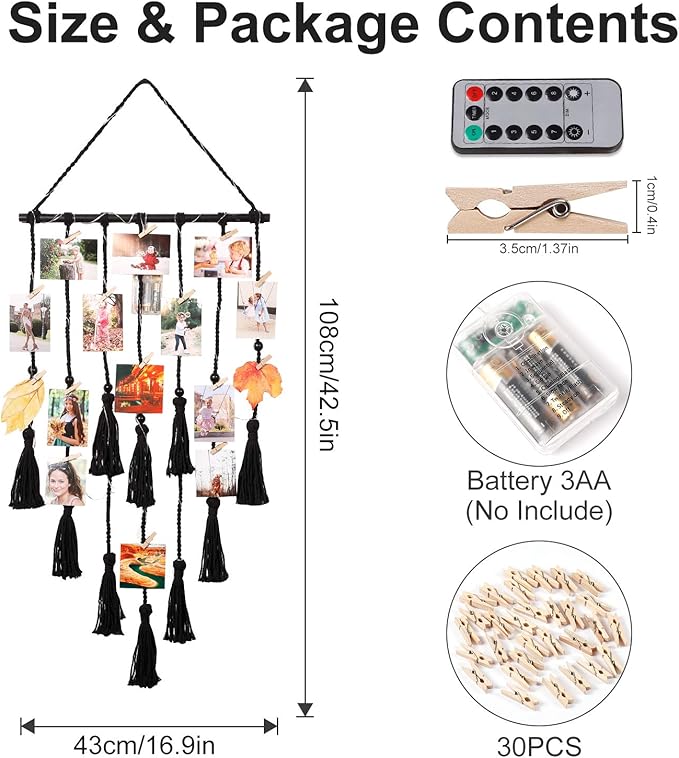 Homecor Hanging Photo Display Wall Decor, Black Macrame Hanging Boho Room Decor, Picture Frame Collage with Remote Light 30 Clips, Bedroom Apartment Home Decor, Christmas Mom Grandma Teen Girl Gifts