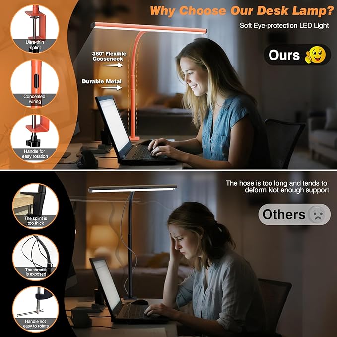 LED Desk Lamp for Office Home, Eye-Caring Desk Light with Stepless Dimming Adjustable Flexible Gooseneck, 10W USB Adapter Desk Lamp with Clamp for Reading, Study, Workbench (Orange)