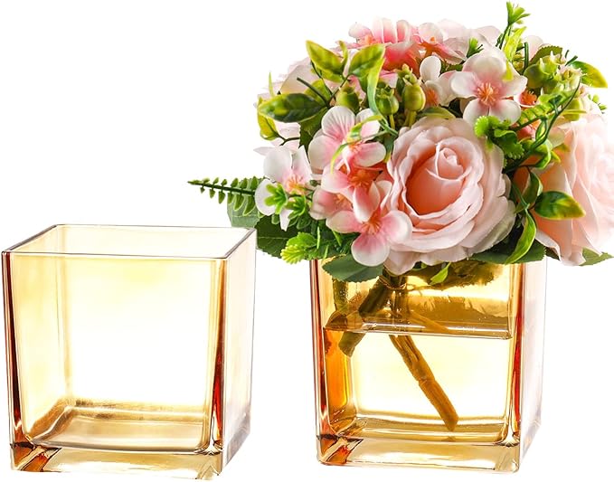 Square Amber Glass Vases Set of 2, 6" x 6" x 6" Square Vase for Centerpieces, Flower Vases for Centerpieces, Small Vase for Wedding, Party, Home Office Decoration