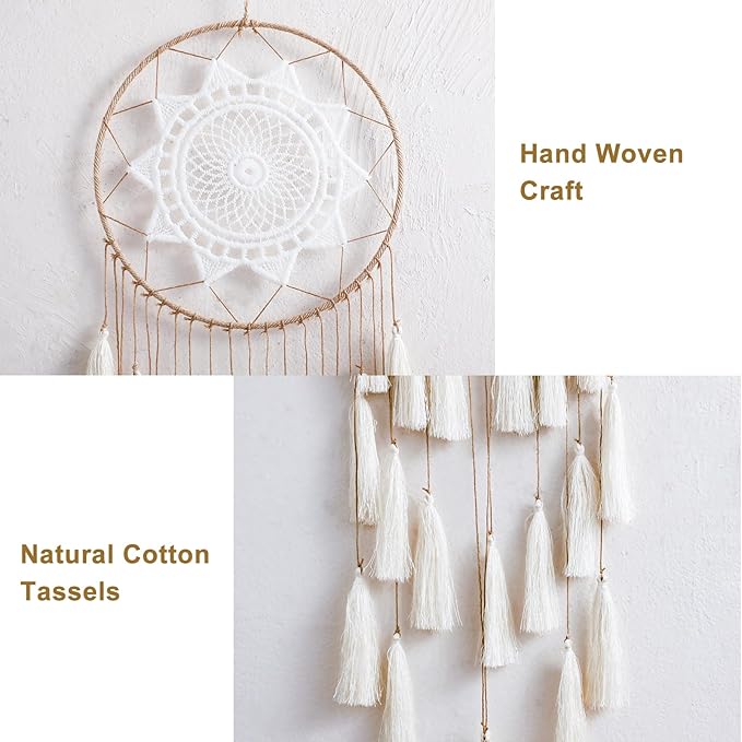 Artilady Macrame Dream Catchers for Bedroom - Tassel Wall Hanging Handmade Dreamcatchers Home Decor with Tassel Feather Ornament Craft Blessing Gift (Beige)