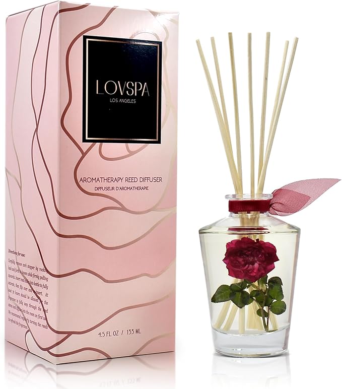 LOVSPA Reed Diffuser Set, PURIFY Rosewater Scented Oil Diffuser with Sticks, Home Fragrance Accessories for Bathroom Shelf Decor, Aroma Diffusers for Home or Office Desk, USA Made