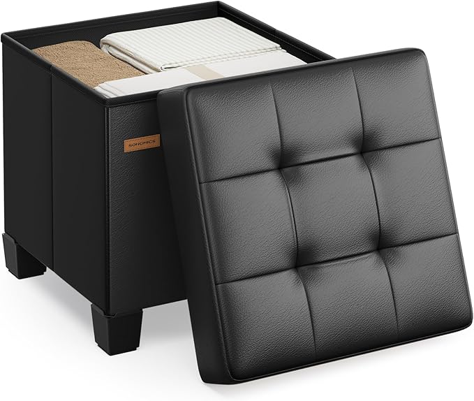 SONGMICS Storage Ottoman, Cube Ottoman with Legs, 15 x 15 x 15.7 Inches, Footstool, Footrest, 10 Gal. (37 L), Synthetic Leather, for Bedroom, Living Room, Dorm, Ink Black ULSF0512B02
