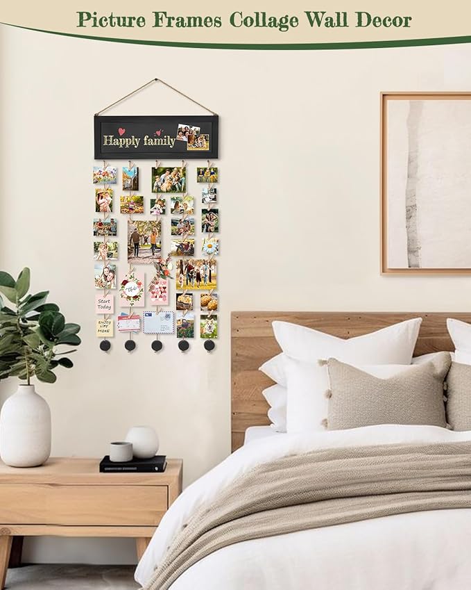 Bikoney Picture Frames Collage Wall Decor Photo Hanging Display Picture Board Wood Rustic Frames for Home Dorm Room Decor with Blackboard and 30 Clips Vintage Black