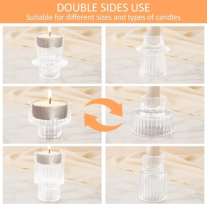 30 Pcs Glass Candlestick Holders Tealight Candle Holders, Double Side Taper Candle Holders for Dining Table Decor Birthday Centerpiece Wedding, Clear