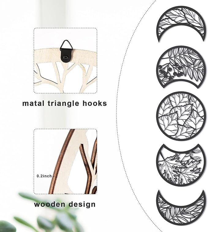 Jetec 5 Pcs Moon Phase Wall Art Decor Wall Pediments Hanging Wooden Moon Phase Spiritual Bedroom Nordic Boho Lunar Aesthetic Art for Living Room Dorm Apartment Bar Ornament(Black,10.6 Inch)