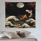 Houselerax Koi Fish Tapestry, Japanese Style Yin Yang Big Wave Cherry Blossom Tapestries Wall Hanging for Bedroom Living Room Office Decor 60"x50"