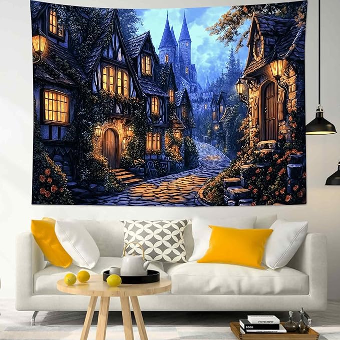 LB Vintage Castle Tapestry, Night Street Old House and Green Tree Wall Tapestry for Bedroom Aesthetic, Village Gothic Wall Art for Living Room Dorm Home Decor Ready to Hanging, 59 x 51 Inches