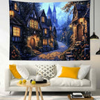 LB Vintage Castle Tapestry, Night Street Old House and Green Tree Wall Tapestry for Bedroom Aesthetic, Village Gothic Wall Art for Living Room Dorm Home Decor Ready to Hanging, 80 x 60 Inches