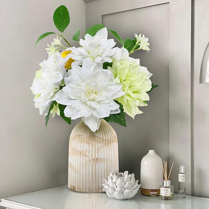 Fake Flower with Vase,White Silk Dahlia Artificial Flowers in Vintage Ceramics Vase for Home Bathroom Office Desk Party Centerpiece Coffee Table Decor