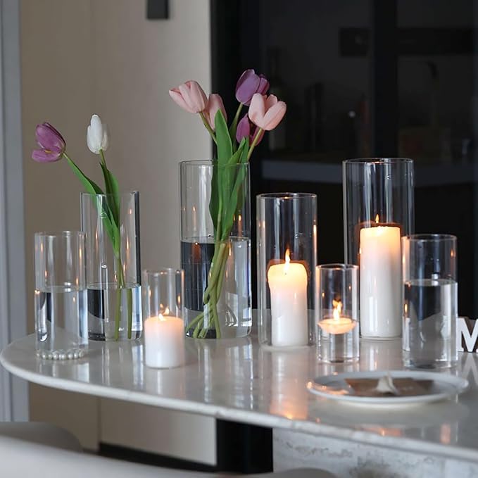 PHOSPHOR 12 PCS Glass Candle Holder, Hurricane Candle Hoder, Glass Pillar Candle Holder, Clear Cylinder Candleholder Cylinder Vase for Centerpieces Wedding Party Decoration