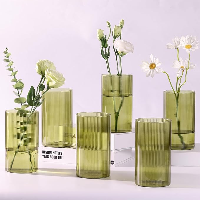 Glass Cylinder Bud vases for Centerpieces, 6 Inches Clear Ribbed Glass Vases Bulk for Wedding Table Decor, Loral Vase Bulk Flower vases, Tall Hurricane Candle Holder for Table Shelf, Party (Green)