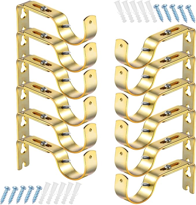 Frienda 12 Pcs Curtain Rod Brackets Adjustable Holder Wall for 1 Inch Diameter Curtain Rod General Bracket Hooks with Screws (Bright Gold)