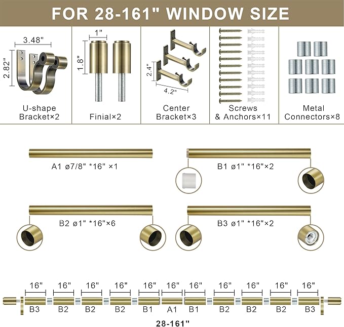 Curtain Rods for 28-161” Windows, Splicing Construction, 1” Adjustable Drapery Rod with Aluminum Alloy Brackets and Finials for Window, Sliding Door, Patio, Living Room Decoration, Antique Bronze
