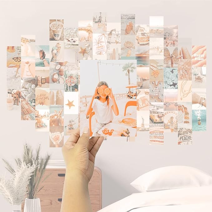 TRAMIN Peach Beach Posters, Wall Art Print for Room, Boho Style Collage Kit Aesthetic Pictures, 100 Pcs, Teal Color Room Decor for Girls, Dorm Photo Display