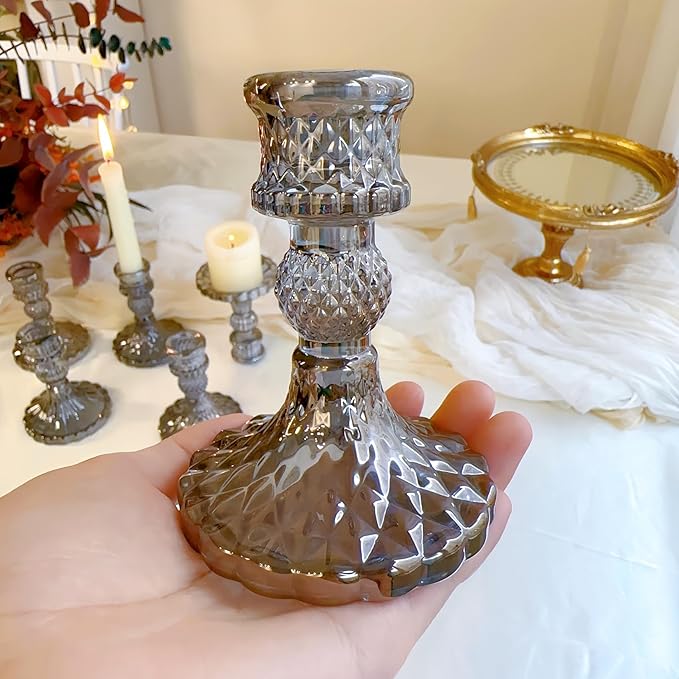 Glass Candlestick Holder,Striped Taper Candle Holders,Set of 6 Candle Stand for Table Centerpieces, Home Decor,Weddings,Festival and Parties (Grey Dimond Pattern)