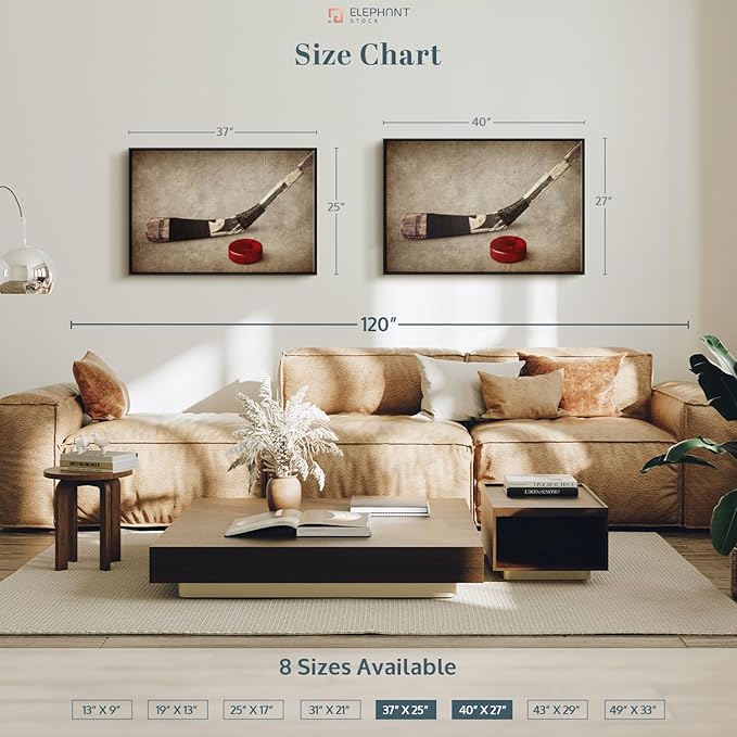 Elephant Stock Vintage Ice Hockey Wall Art - Horizontal Framed Canvas - 1-Piece Hallway Wall Decor - Photography Sports Canvas Print - Brown and Beige Decor for Wall - 37" X 25"