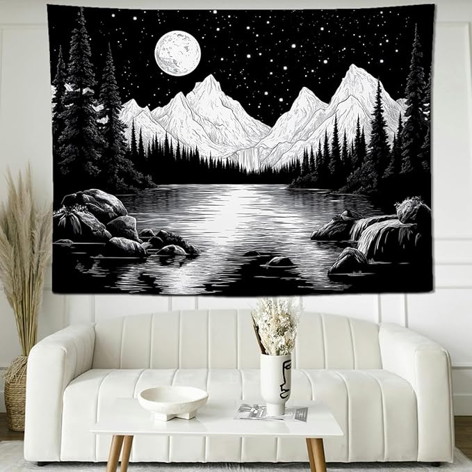 keowhsf Starry Night Mountain Lake Tapestry Black and White Tapestries Aesthetic Moon and Stars Wall Hanging Dark Nature Forest Tapestry for Bedroom Living Room Dorm Decor