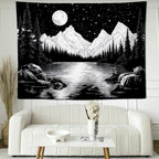keowhsf Starry Night Mountain Lake Tapestry Black and White Tapestries Aesthetic Moon and Stars Wall Hanging Dark Nature Forest Tapestry for Bedroom Living Room Dorm Decor