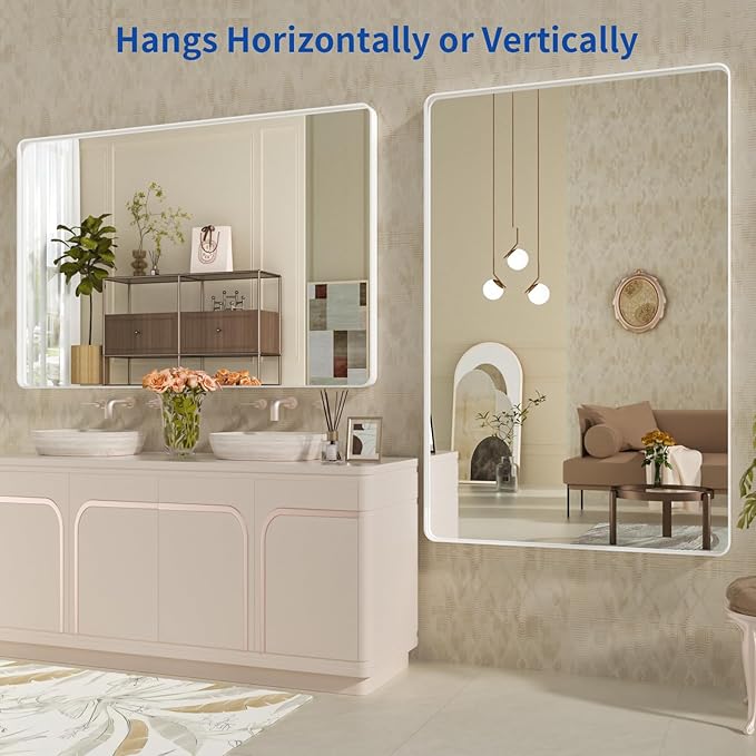 WEER White Bathroom Mirror 60X28 Inch, Rounded Rectangle White Metal Frame Mirror, Matte White Bathroom Vanity Mirror with Tempered Glass, Anti-Rust, Hangs Horizontally or Vertically