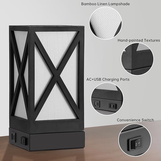 Table Lamp, Set of 2 Rustic Farmhouse Nightstand Lamps, 3 Color Temperatures Desk Lamp with USB Charging Ports AC Outlet Vintage Lamp for Living Room Bed Room, Black
