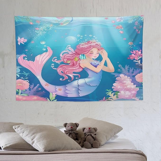 HZOHNAGO Mermaid Girls Tapestry Watercolor Flowers Mermaid Princess Blessing Pattern for Kids Room Decoration Printed Wall Tapestry Wall Hanging for Bedroom Living Room Dorm 60" W x 40" H