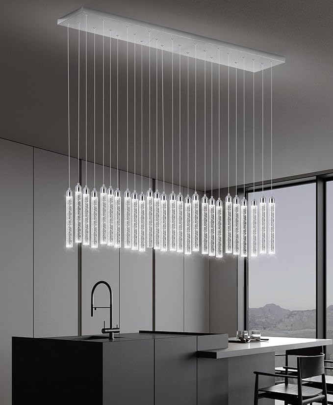 Rectangular Chandeliers 26-Lights Long Light for Entryway LED Dimmable Chandeliers Lighting Fixture Flat Sloped High Ceiling Pendant Lights Crystal for Living Room Foyer Hallway Staircase Silver