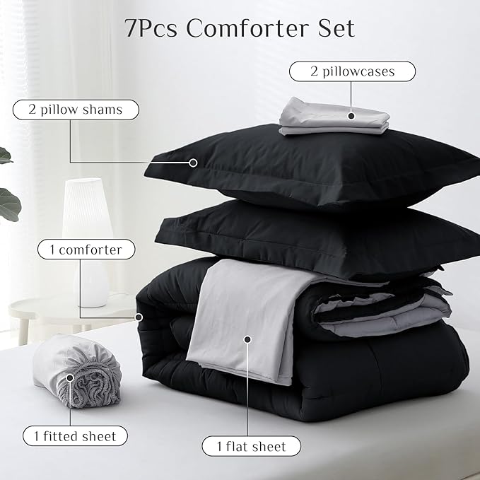 JOLLYVOGUE Queen Comforter Set, Ultra-Soft Bed in a Bag Queen Size 7 Pieces, Oeko-TEX Certified Bedding Set with Down Alternative Comforter, Sheets, Pillowcases & Shams, Black & Light Grey