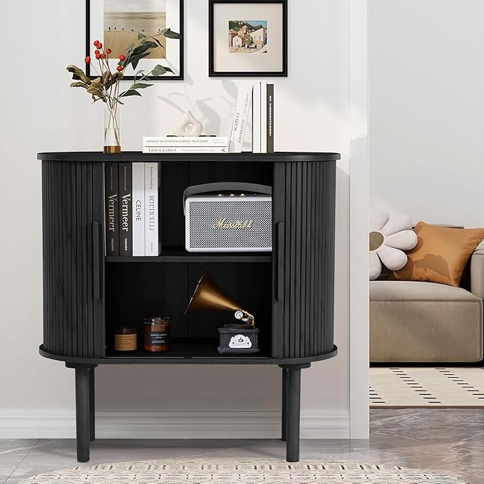 31'' Fluted Sideboard Buffer Cabinet, Modern Credenza Storage Cabinet with Slide Doors, Bar Cabinet Console Table for Living Dining Room Kitchen Hallway Entryway, Black