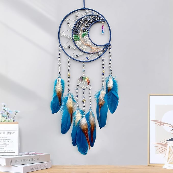 Tree of Life Dream Catchers,Handmade Rainbow Healing Crystal Stone Dream Catcher Wall Hanging Ornament for Bedroom Wedding Party Decor, Festival Blessing Gift (Blue Purple Tree of Life Art(Moon))