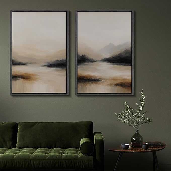 SIGNFORD Framed Canvas Print Wall Art Set Abstract Mountain Landscape Neutral Beige and Black Illustration Modern Art Decorative Nordic Nature for Living Room, Bedroom, Office - 24"x36"x2 Black