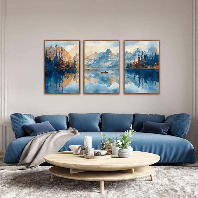 KAIRNE Framed Large Landscape Wall Art,Abstract Forest Prints Paintings,Watercolor Blue Mountain Lake Canvas,Nature Scenery Textured Artwork for Living Room Bedroom Home Office Gallery Decor,16”X24”