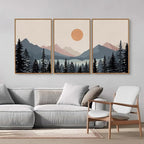Tinonedraw Boho Mountain Framed Canvas Wall Art Set of 3, Watercolor Nature Landscape Art Prints, Modern Sunrise Art Paintings, Black Pines Tree Forest Wall Decor for Living Room Bedroom Office 16"x24"x3